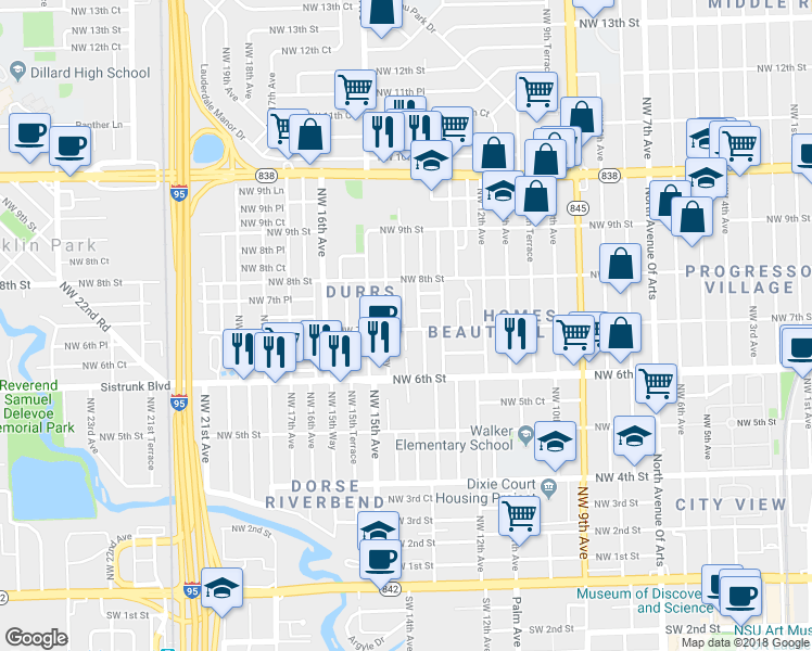 map of restaurants, bars, coffee shops, grocery stores, and more near 1331 Northwest 7th Street in Fort Lauderdale