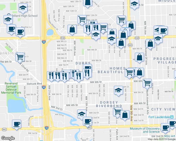 map of restaurants, bars, coffee shops, grocery stores, and more near 715 Northwest 14th Way in Fort Lauderdale
