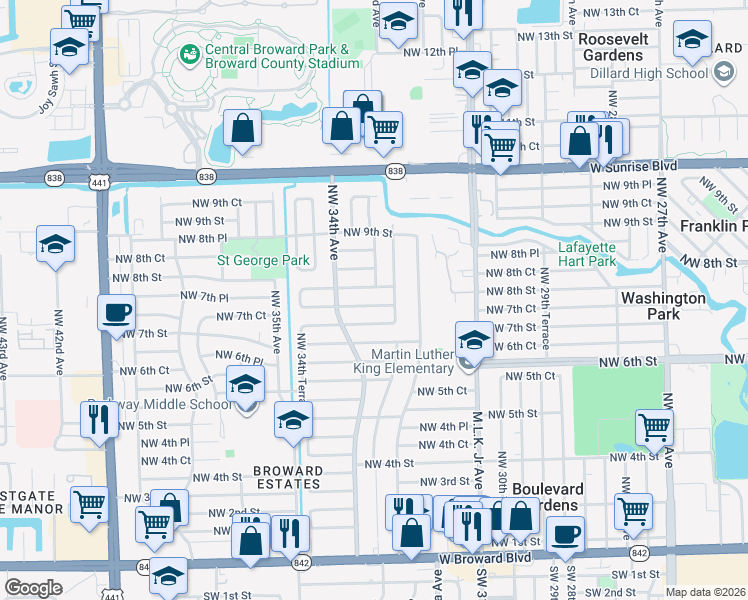map of restaurants, bars, coffee shops, grocery stores, and more near 3364 Northwest 8th Street in Lauderhill