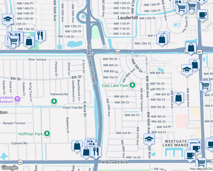 map of restaurants, bars, coffee shops, grocery stores, and more near 697 Northwest 49th Avenue in Plantation