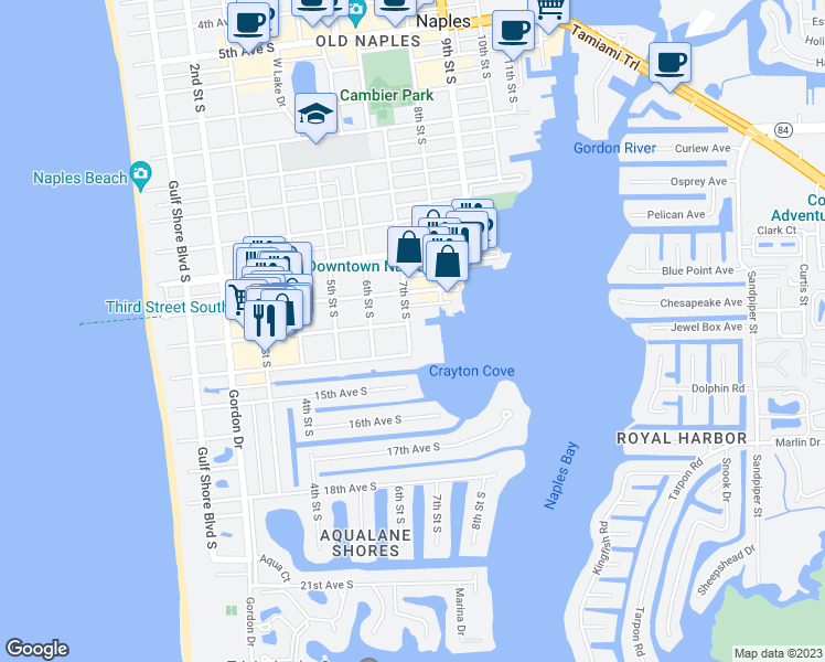 map of restaurants, bars, coffee shops, grocery stores, and more near 689 13th Avenue South in Naples