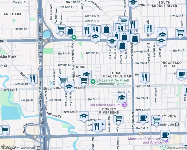 map of restaurants, bars, coffee shops, grocery stores, and more near 1331 Northwest 7th Street in Fort Lauderdale