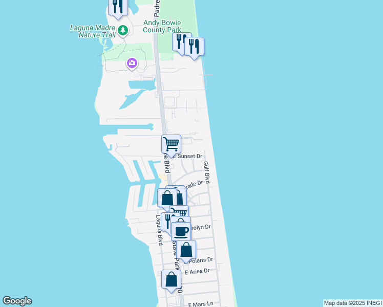 map of restaurants, bars, coffee shops, grocery stores, and more near 110 East Sunset Drive in South Padre Island