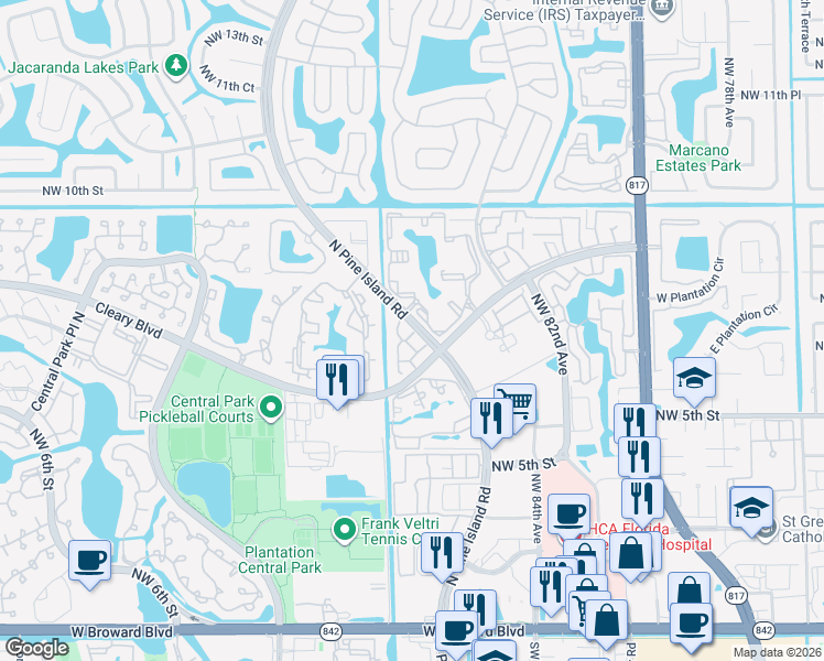 map of restaurants, bars, coffee shops, grocery stores, and more near 810 Northwest 86th Avenue in Plantation