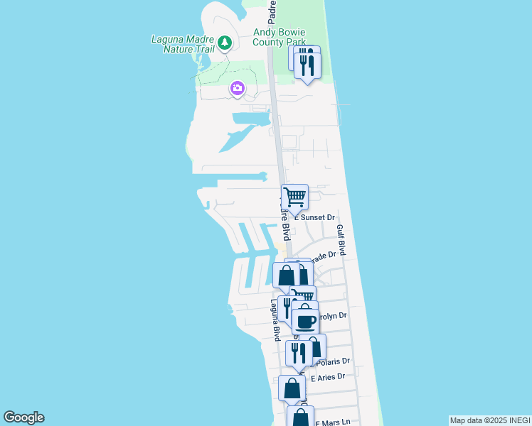 map of restaurants, bars, coffee shops, grocery stores, and more near 108 West Sunset Drive in South Padre Island