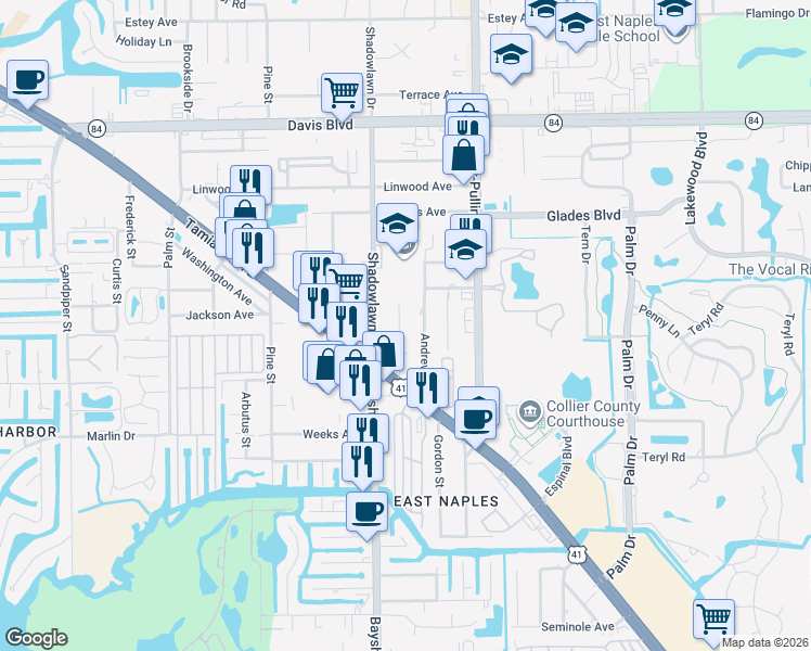 map of restaurants, bars, coffee shops, grocery stores, and more near 2415 Bayside Street in Naples