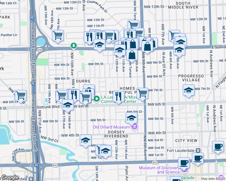 map of restaurants, bars, coffee shops, grocery stores, and more near 1221 Northwest 7th Street in Fort Lauderdale