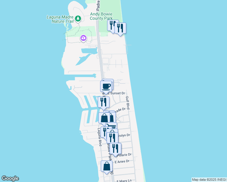 map of restaurants, bars, coffee shops, grocery stores, and more near 110 East Sunset Drive in South Padre Island