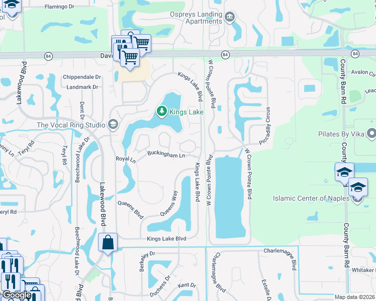 map of restaurants, bars, coffee shops, grocery stores, and more near 2698 Kings Lake Boulevard in Naples