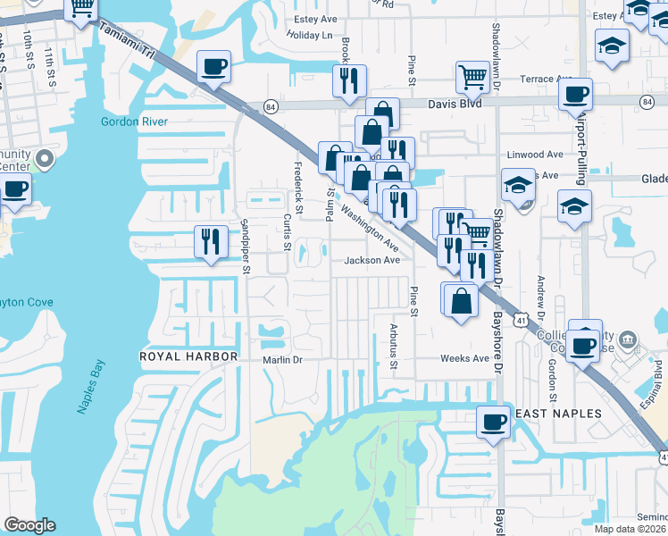 map of restaurants, bars, coffee shops, grocery stores, and more near 2301 Palm Street in Naples