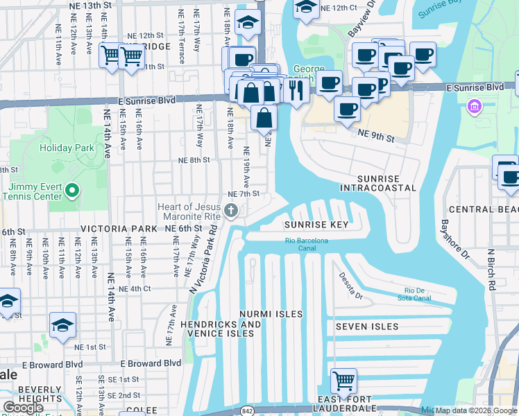 map of restaurants, bars, coffee shops, grocery stores, and more near 1942 Northeast 6th Court in Fort Lauderdale