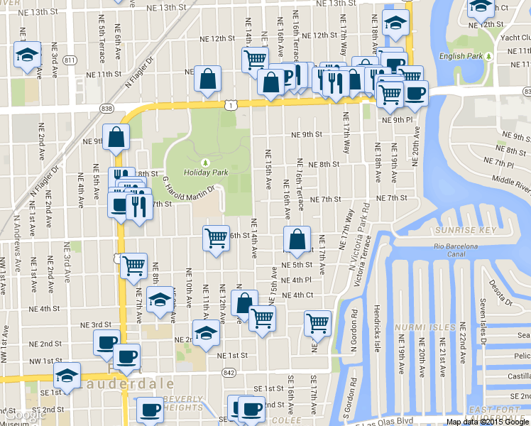 map of restaurants, bars, coffee shops, grocery stores, and more near 640 Northeast 15th Avenue in Fort Lauderdale