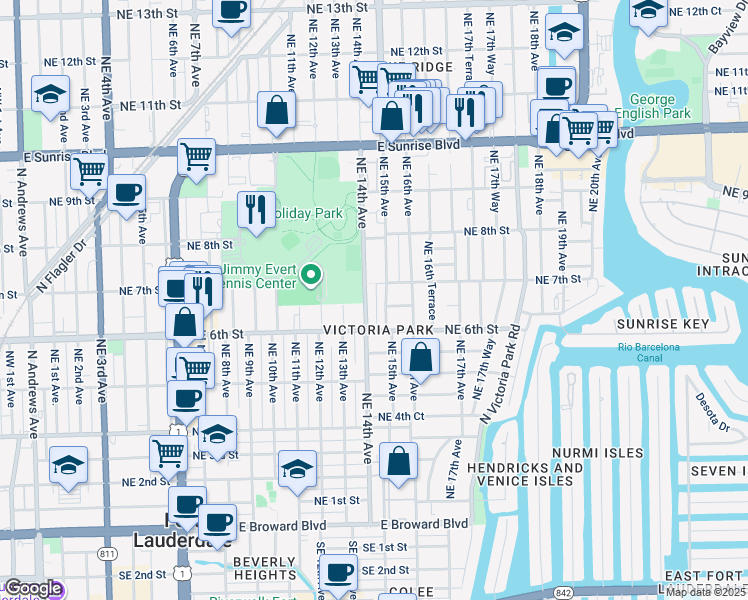 map of restaurants, bars, coffee shops, grocery stores, and more near 640 Northeast 15th Avenue in Fort Lauderdale