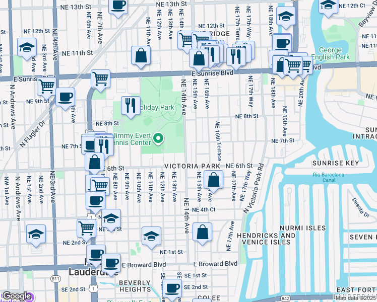 map of restaurants, bars, coffee shops, grocery stores, and more near 640 Northeast 15th Avenue in Fort Lauderdale