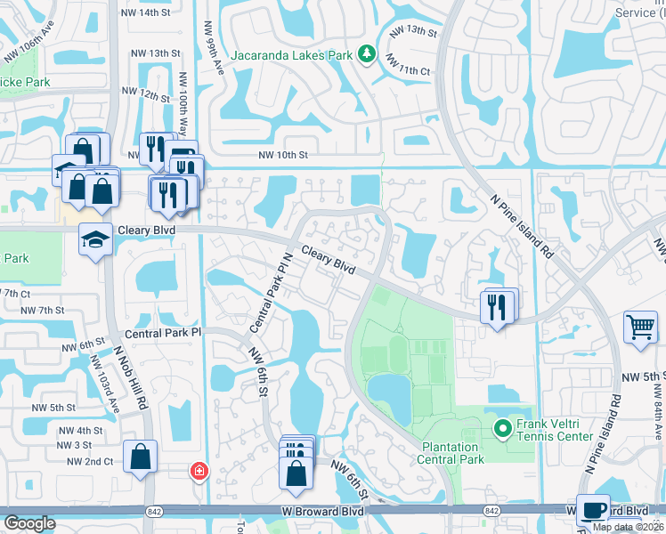 map of restaurants, bars, coffee shops, grocery stores, and more near 9632 Northwest 7th Circle in Plantation