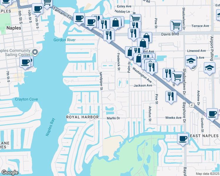 map of restaurants, bars, coffee shops, grocery stores, and more near 2305 Carter Street in Naples