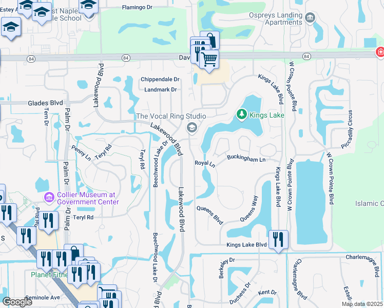 map of restaurants, bars, coffee shops, grocery stores, and more near 2698 Kings Lake Blvd in Naples