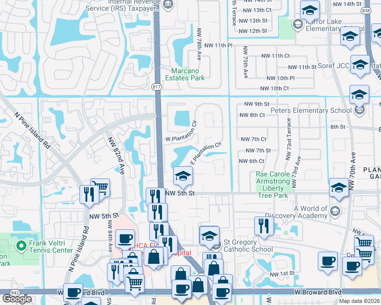 map of restaurants, bars, coffee shops, grocery stores, and more near 7930 Northwest 6th Court in Plantation