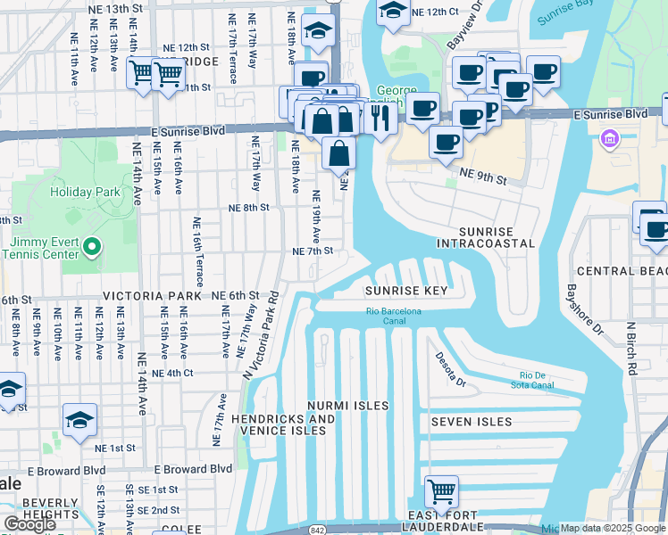 map of restaurants, bars, coffee shops, grocery stores, and more near 1942 Northeast 6th Court in Fort Lauderdale