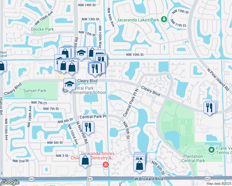 map of restaurants, bars, coffee shops, grocery stores, and more near 50 Northwest 7th Street in Plantation