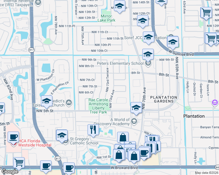 map of restaurants, bars, coffee shops, grocery stores, and more near 680 Northwest 73rd Terrace in Plantation