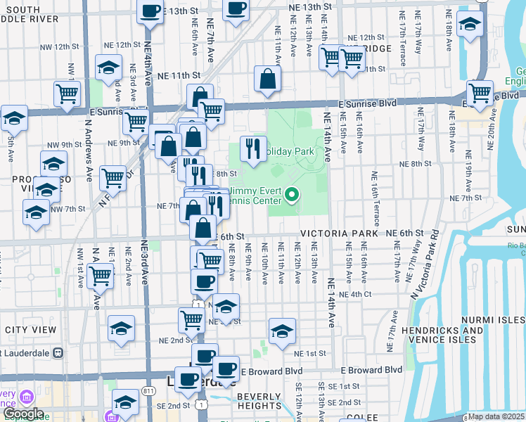 map of restaurants, bars, coffee shops, grocery stores, and more near 639 Northeast 10th Avenue in Fort Lauderdale