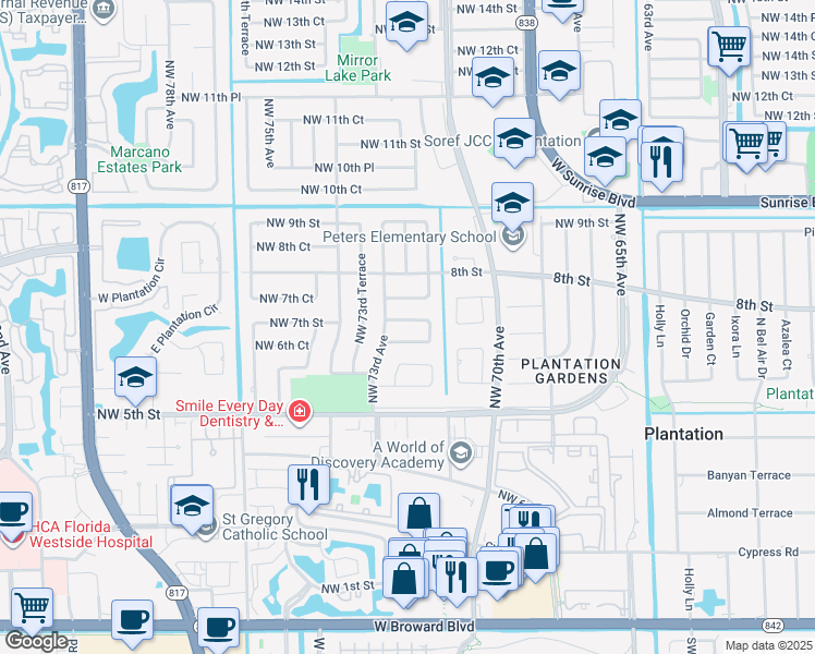 map of restaurants, bars, coffee shops, grocery stores, and more near 7240 Northwest 7th Street in Plantation