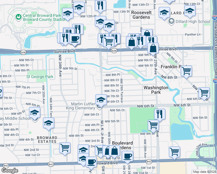 map of restaurants, bars, coffee shops, grocery stores, and more near 3040 Northwest 8th Street in Fort Lauderdale