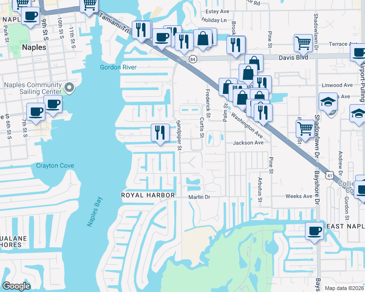 map of restaurants, bars, coffee shops, grocery stores, and more near 1686 Jewel Box Avenue in Naples
