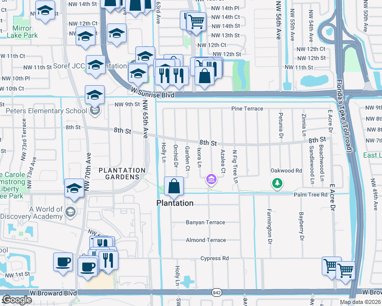 map of restaurants, bars, coffee shops, grocery stores, and more near 712 Garden Court in Plantation