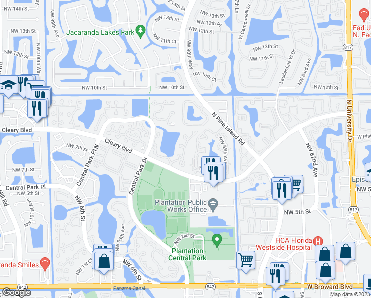 map of restaurants, bars, coffee shops, grocery stores, and more near 313 Northwest 91st Terrace in Plantation