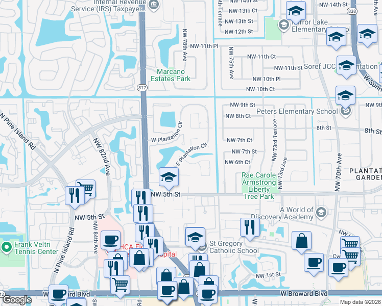 map of restaurants, bars, coffee shops, grocery stores, and more near 670 East Plantation Circle in Plantation