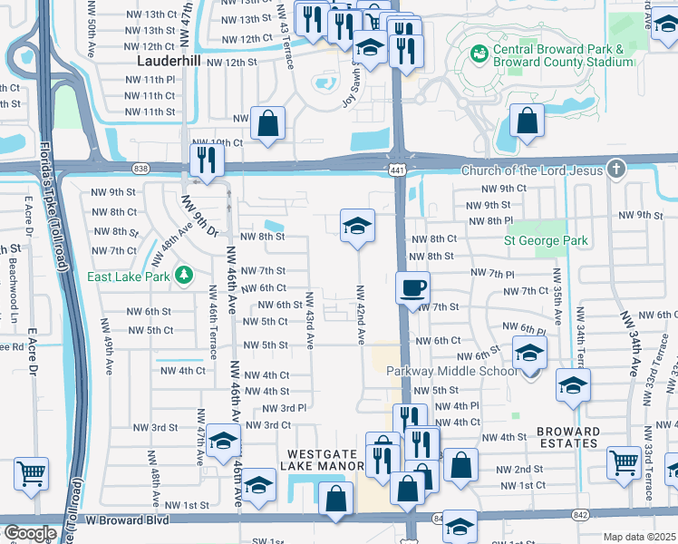 map of restaurants, bars, coffee shops, grocery stores, and more near 651 Northwest 42nd Avenue in Plantation