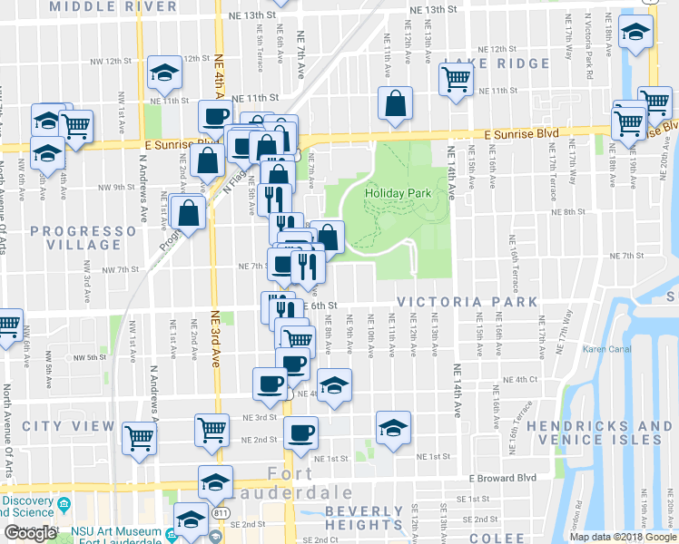 map of restaurants, bars, coffee shops, grocery stores, and more near 822 Northeast 7th Street in Fort Lauderdale