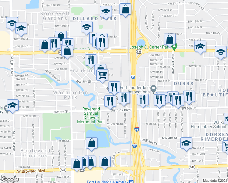 map of restaurants, bars, coffee shops, grocery stores, and more near 2151 Northwest 7th Street in Fort Lauderdale