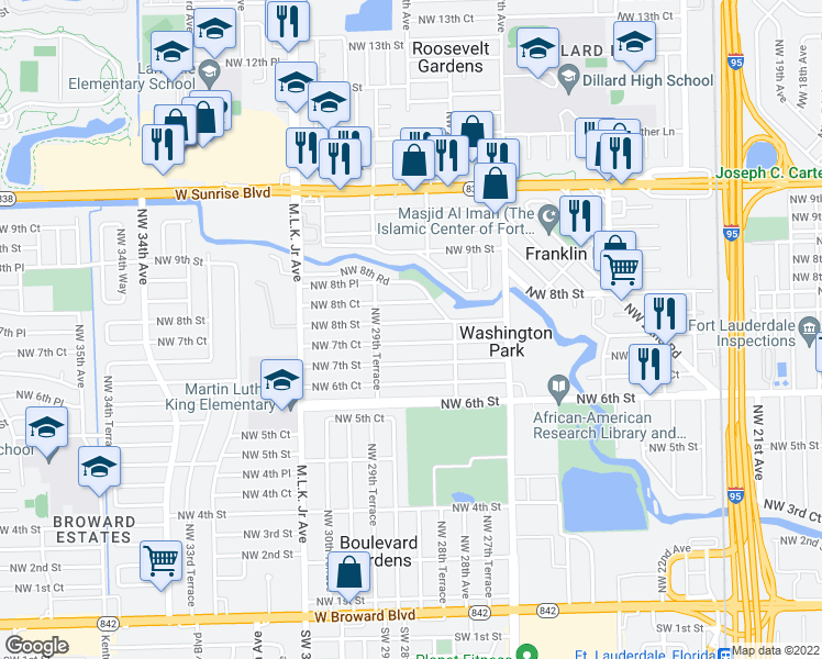 map of restaurants, bars, coffee shops, grocery stores, and more near 2852 Northwest 8th Street in Fort Lauderdale