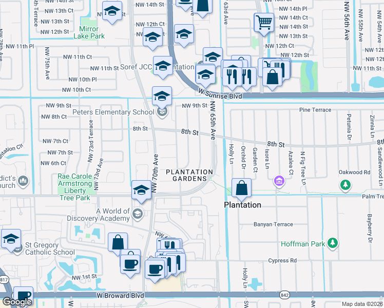 map of restaurants, bars, coffee shops, grocery stores, and more near 681 Northwest 67th Avenue in Plantation