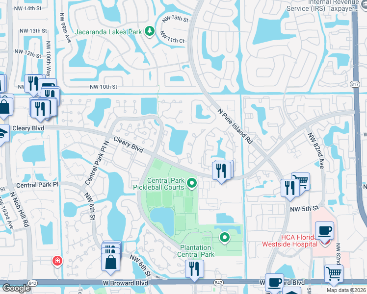map of restaurants, bars, coffee shops, grocery stores, and more near 820 Northwest 91st Terrace in Plantation