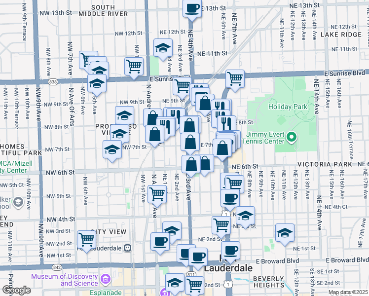 map of restaurants, bars, coffee shops, grocery stores, and more near 648 Northeast 3rd Avenue in Fort Lauderdale
