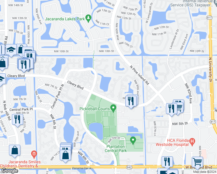 map of restaurants, bars, coffee shops, grocery stores, and more near 782 Northwest 92nd Avenue in Plantation
