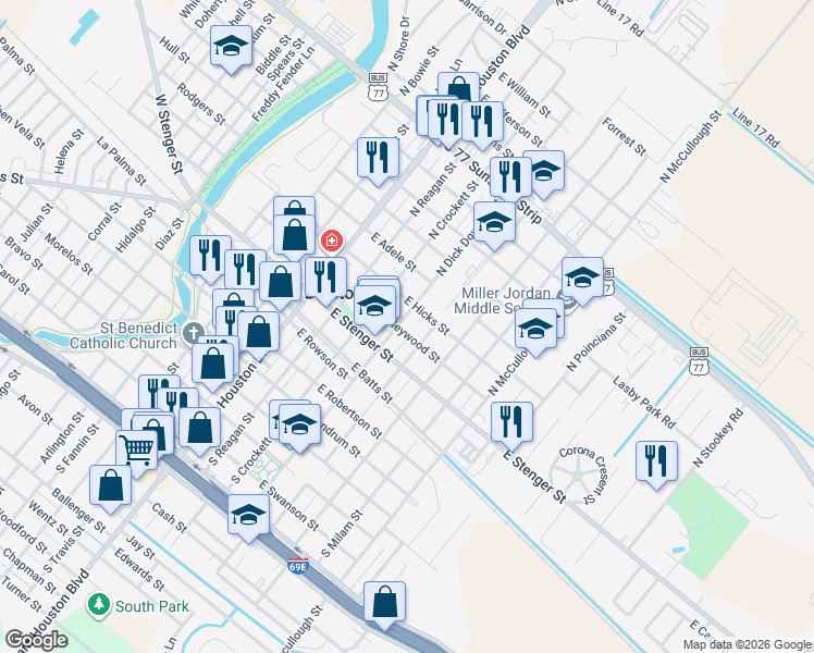 map of restaurants, bars, coffee shops, grocery stores, and more near 324 N Dick Dowling St in San Benito