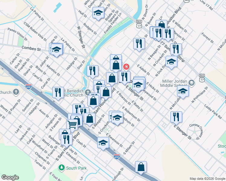 map of restaurants, bars, coffee shops, grocery stores, and more near 107 South Sam Houston Boulevard in San Benito