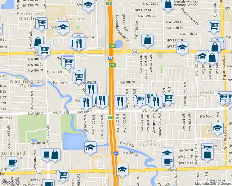 map of restaurants, bars, coffee shops, grocery stores, and more near 715 Northwest 20th Avenue in Fort Lauderdale