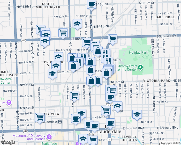 map of restaurants, bars, coffee shops, grocery stores, and more near 648 Northeast 3rd Avenue in Fort Lauderdale