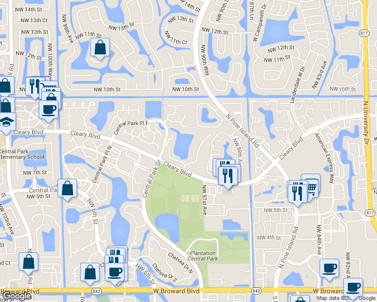 map of restaurants, bars, coffee shops, grocery stores, and more near 15 Northwest 92nd Avenue in Plantation