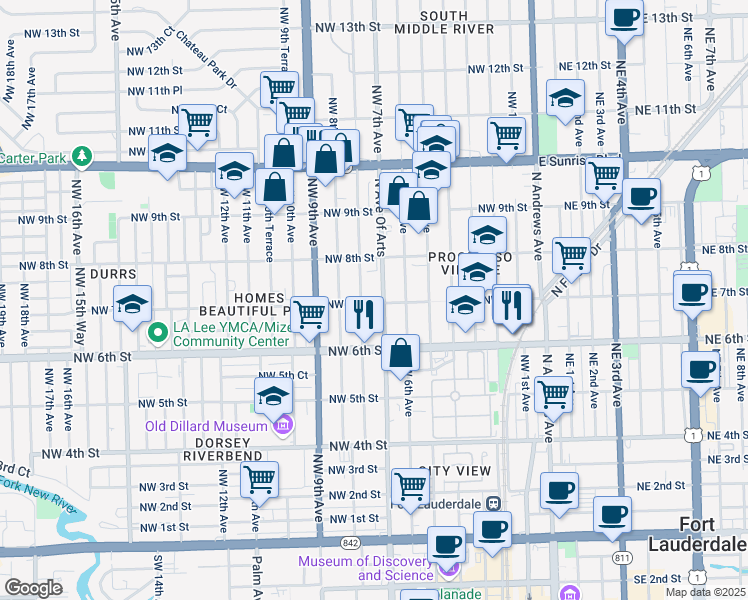 map of restaurants, bars, coffee shops, grocery stores, and more near 701 Northwest 7th Avenue in Fort Lauderdale