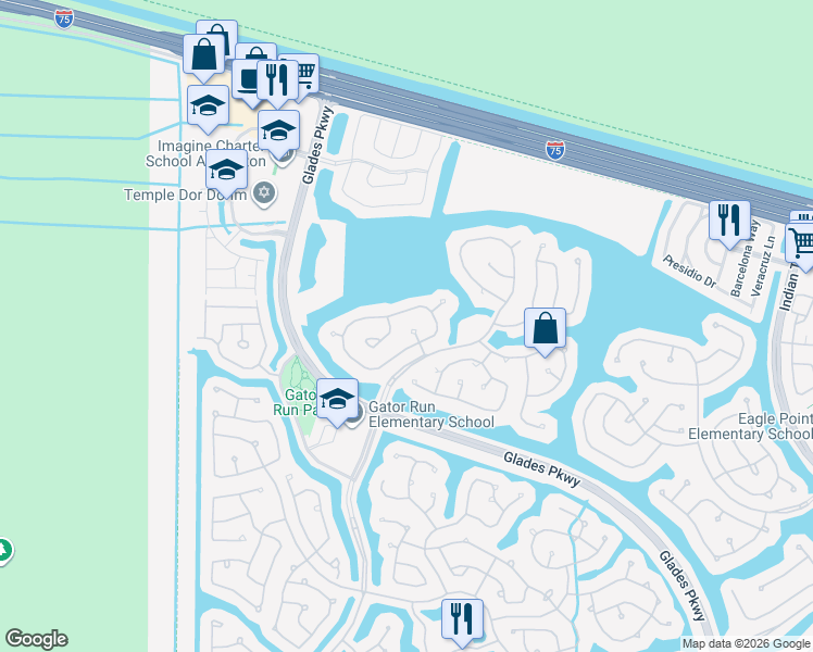 map of restaurants, bars, coffee shops, grocery stores, and more near 1011 Highland Meadows Drive in Weston