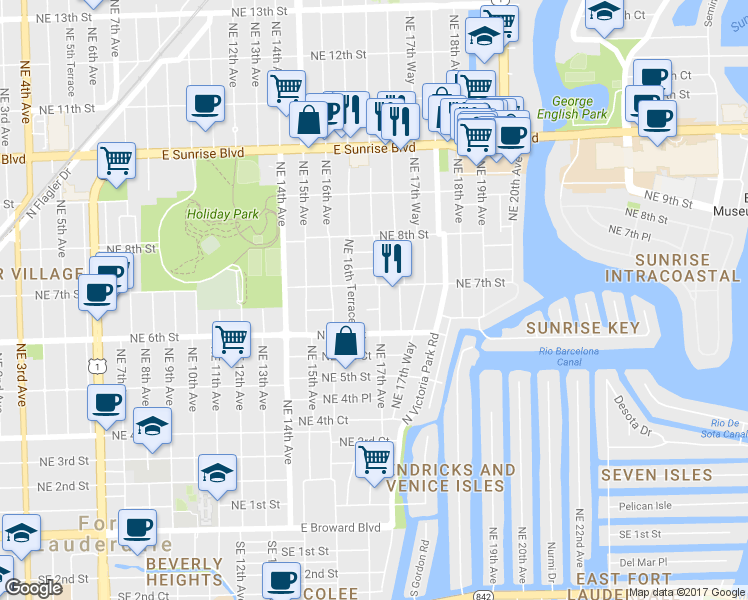 map of restaurants, bars, coffee shops, grocery stores, and more near 635 Northeast 17th Avenue in Fort Lauderdale