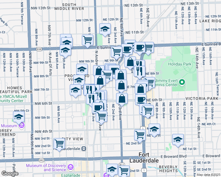 map of restaurants, bars, coffee shops, grocery stores, and more near 150 Northeast 7th Street in Fort Lauderdale