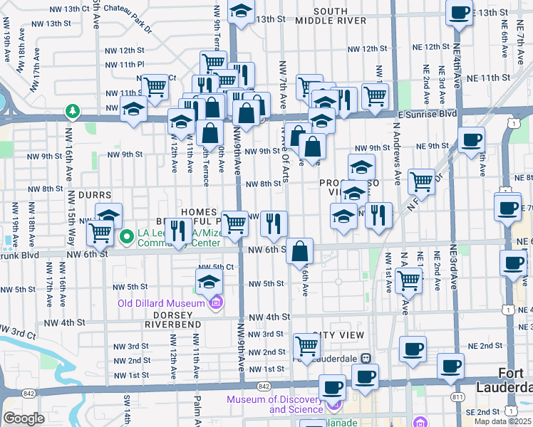 map of restaurants, bars, coffee shops, grocery stores, and more near 702 Northwest 8th Avenue in Fort Lauderdale